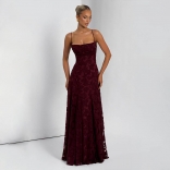 Claret Strapless Chiffon Lace Slim Fit Women's Wedding Party Formal Maxi Dress