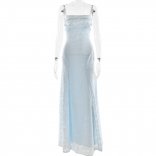 Blue Strapless Chiffon Lace Slim Fit Women's Wedding Party Formal Maxi Dress