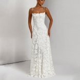 White Strapless Chiffon Lace Slim Fit Women's Wedding Party Formal Maxi Dress
