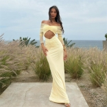 Yellow Mesh Long Sleeve Low Cut Pleated Elegant Bodycon Evening Prom Maxi Dress