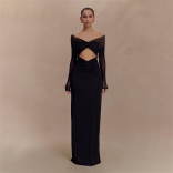 Black Mesh Long Sleeve Low Cut Pleated Elegant Bodycon Evening Prom Maxi Dress