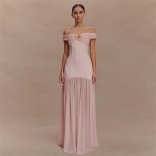 Pink Off Shoulder Mesh Pleated Elegant Women Party Formal Maxi Dress
