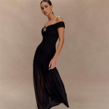 Black Pink Off Shoulder Mesh Pleated Elegant Women Party Formal Maxi Dress