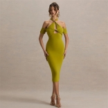 Green Halter Sleeveless V Neck Bodycon Snatched Evening Club Dress