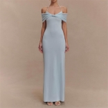 Blue Straps Low Cut Mesh Pleated Off Shoulder Women's Prom Party Long Dress