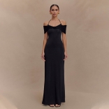 Black Straps Low Cut Mesh Pleated Off Shoulder Women's Prom Party Long Dress