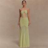 Green Off Shoulder Lace Hollow Out Mesh See Through Elegant Women Maxi Dress