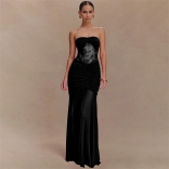 Black Off Shoulder Lace Hollow Out Mesh See Through Elegant Women Maxi Dress