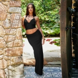 Black Two Pieces Straps V Neck Pleated Women Casual Street Midi Dress Sets