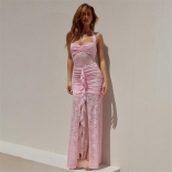 Pink Straps Low Cut Lace Hollow Out See Through Evening Prom Long Dress