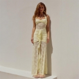 Yellow Straps Low Cut Lace Hollow Out See Through Evening Prom Long Dress