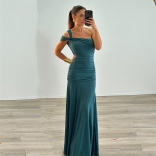 Green Off Shoulder Cut Out Snatched Pleated Party Evening Maxi Dress