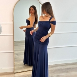 Royal Blue Off Shoulder Cut Out Snatched Pleated Party Evening Maxi Dress