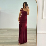 Claret Off Shoulder Cut Out Snatched Pleated Party Evening Maxi Dress