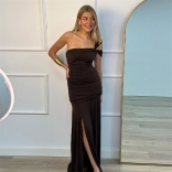 Brown Off Shoulder Cut Out Snatched Pleated Party Evening Maxi Dress