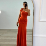 Orange Off Shoulder Cut Out Snatched Pleated Party Evening Maxi Dress