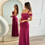 Rose Red Off Shoulder Cut Out Snatched Pleated Party Evening Maxi Dress