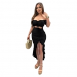 Black Off Shoulder Low Cut Crop Tops Pleated Sexy Party Ruffles Midi Dress