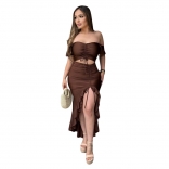 Brown Off Shoulder Low Cut Crop Tops Pleated Sexy Party Ruffles Midi Dress