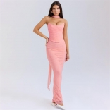 Pink Off Shoulder Mesh Pleated Two Pieces Corset Lace Up Elegant Bodycon Dress Set with Scarf