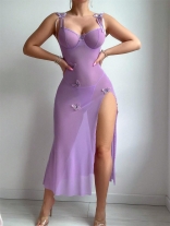 Purple Sexy Perspective Mesh Seductive Embroidery Lace Slit Lingerie Underwear