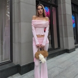 Pink Off Shoulder Pleated Long Sleeve Tops Wide Leg Women Casual Pant Sets
