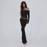 Black Off Shoulder Pleated Long Sleeve Tops Wide Leg Women Casual Pant Sets