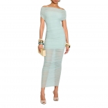 Green Off Shoulder Pleated Strapless See Through Bodycon Evening Midi Dress with Lining