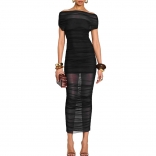 Black Off Shoulder Pleated Strapless See Through Bodycon Evening Midi Dress with Lining
