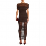 Coffee Off Shoulder Pleated Strapless See Through Bodycon Evening Midi Dress with Lining