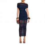 Royal Blue Off Shoulder Pleated Strapless See Through Bodycon Evening Midi Dress with Lining