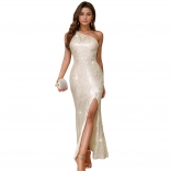 Beige Sleeveless One Shoulder Sequins Slit Side Solid Party Maxi Dress