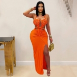 Orange Straps Bandage Snatched Knitted Women Party Maxi Dress