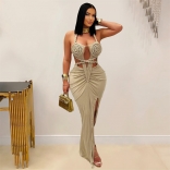 Khaki Straps Bandage Snatched Knitted Women Party Maxi Dress