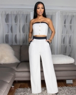 White Off Shoulder Button Crop Tops Pocket Straight Long Pant Sets