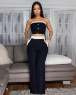 Black Off Shoulder Button Crop Tops Pocket Straight Long Pant Sets