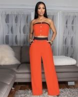 Orange Off Shoulder Button Crop Tops Pocket Straight Long Pant Sets