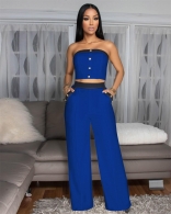Blue Off Shoulder Button Crop Tops Pocket Straight Long Pant Sets