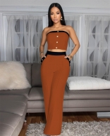 Khaki Off Shoulder Button Crop Tops Pocket Straight Long Pant Sets