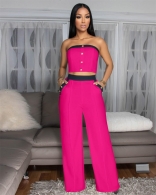 Rose Red Off Shoulder Button Crop Tops Pocket Straight Long Pant Sets