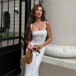 White Straps Low Cut Ruffles Lace See Through Sexy Evening Party Long Dress