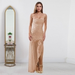 Beige Straps Diamonds Elegant Mesh Pleated Sexy Party Formal Maxi Dress