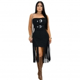 Black Off Shoulder Metal Buckle Bandage Tassels Women Club Mini Dress
