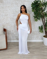 White Off Shouder Cut Out Pleated Sexy Snatched Evening Party Maxi Dress