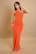 Orange Off Shouder Cut Out Pleated Sexy Snatched Evening Party Maxi Dress
