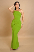 Green Off Shouder Cut Out Pleated Sexy Snatched Evening Party Maxi Dress