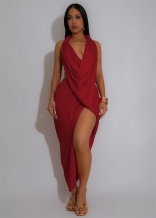 Red Halter Sexy Backless V Neck High Slit Pleated Party Midi Dress