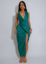 Green Halter Sexy Backless V Neck High Slit Pleated Party Midi Dress