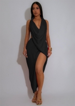 Black Halter Sexy Backless V Neck High Slit Pleated Party Midi Dress