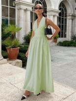 Green Halter Deep V Neck Slim Fit Waist Casual Street Long Dress